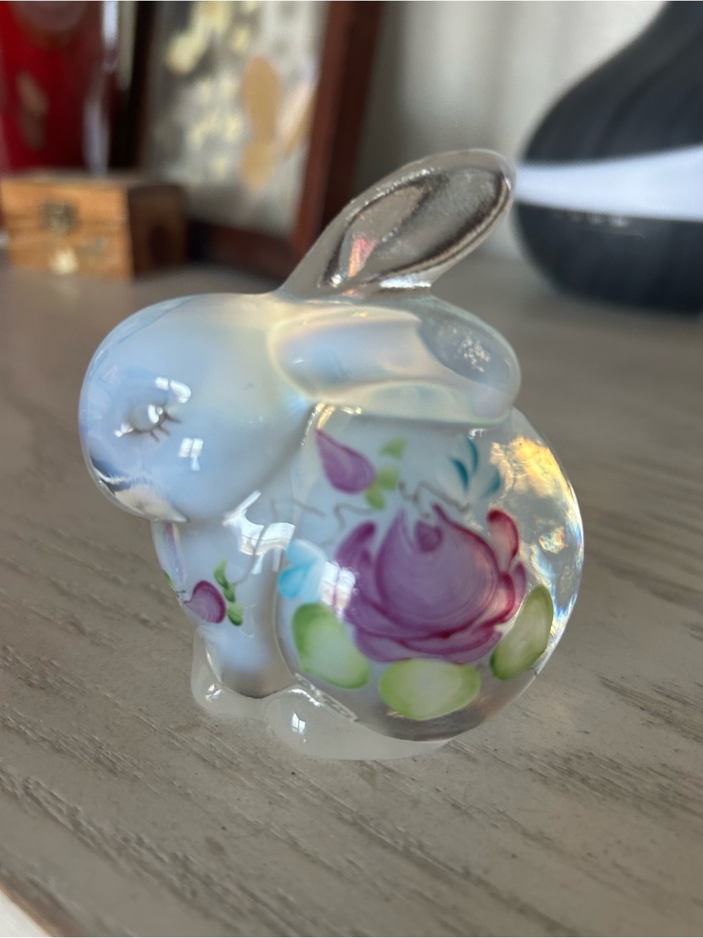 Fenton Opalescent Glass Bunny Figurine with Hand-Painted Floral Motif.